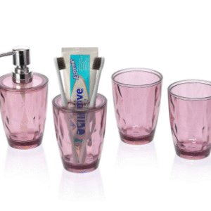 Modern clear dispenser toothbrush holder four piece set plastic bathroom accessories set with stainless steel pump