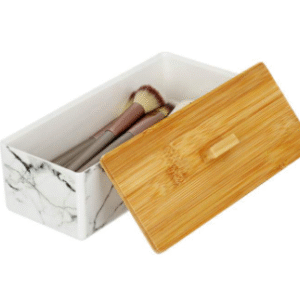 Desktop PS cosmetics brush cotton swab storage organizer multipurpose marble plastic makeup drawers storage bin with bamboo lid