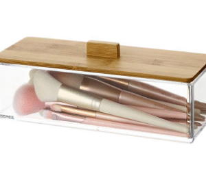 Househould plastice drawer storage box clear bamoo lid cotton swab canister with bamboo cover