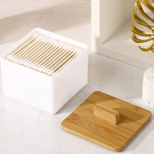 PS cosmetic case organizer for lipstick cotton swab canister stackable 2 tiers plastic makeup storage bin with bamboo lid