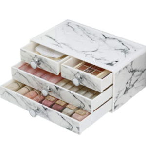 Luxury drawer design 3tier small cosmetic case holder with knobs plastic marble makeup organizer for dressing table